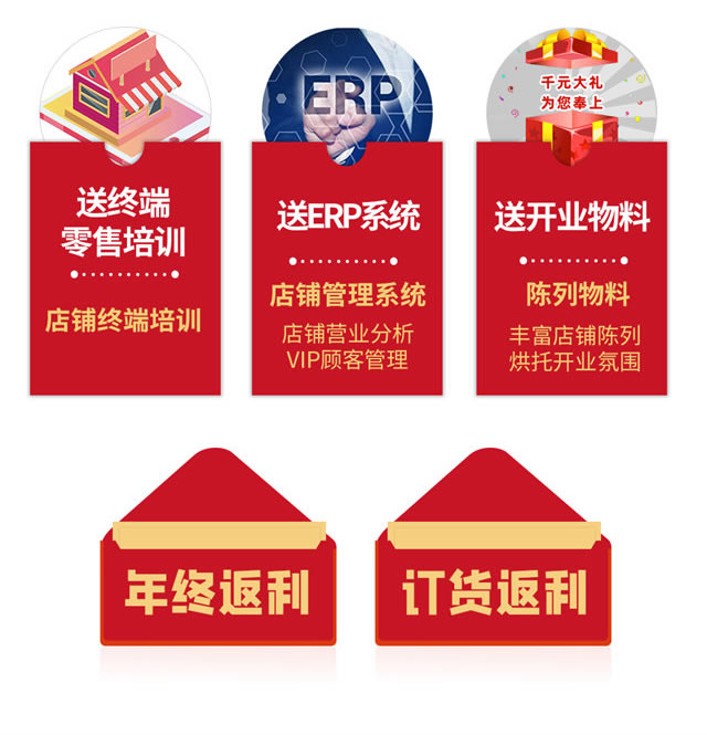 送道具、送形象標(biāo)識、送終端零售培訓(xùn)、送ERP系統(tǒng)、送開業(yè)開業(yè)物料、年終返利訂、貨會返利